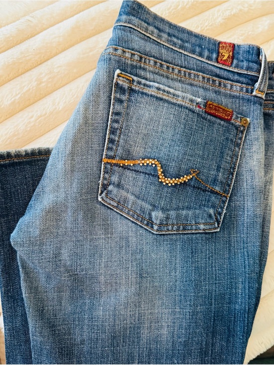 7 For All Mankind Denim - 7 For All Mankind Light Blue Boot Cut Jeans with Rhinestone Pocket Detail